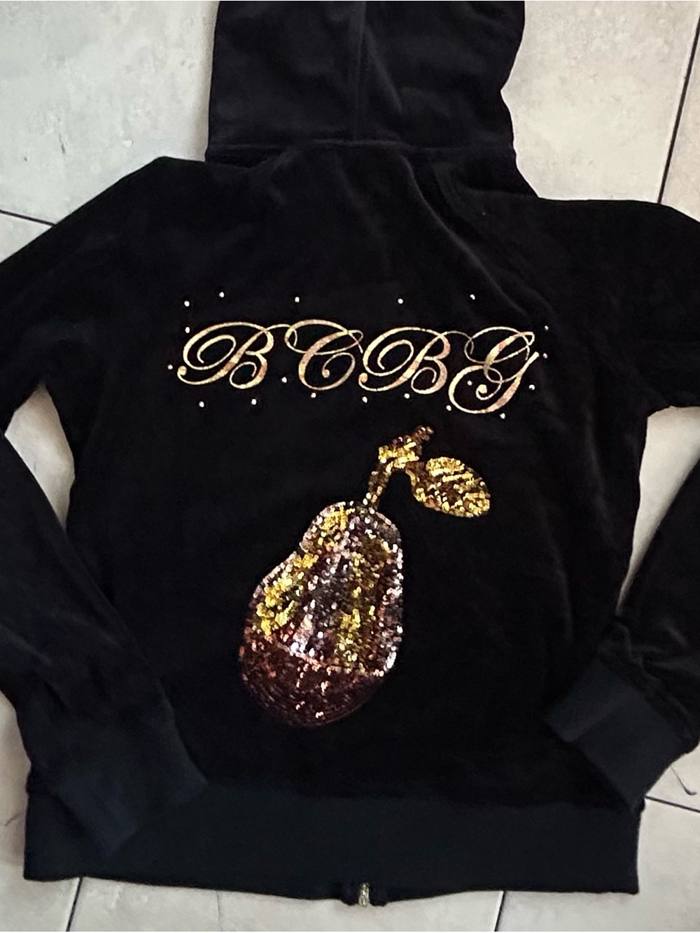 BCBGMaxAzria Black Velvet Hoodie with Gold Sequin Pear